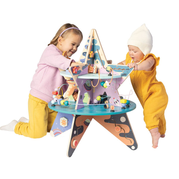 Manhattan Toy Celestial Star Explorer Double-Decker Wooden Activity Center with Shape Gliders, Spinners, Bead Runs and Alluring Artwork