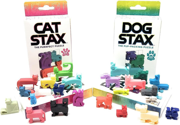 Brainwright Cat STAX The Purrfect Puzzle and Dog STAX The Pup-Packing Puzzle Gift Set (2 Puzzles)