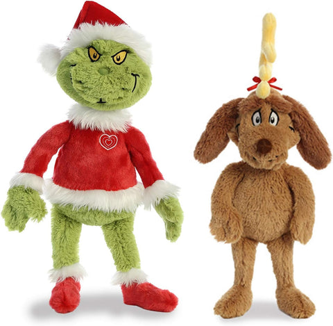 Aurora Dr. Suess Christmas Plush 2 Piece Bundle of 16" Grinch Santa with His Dog Max