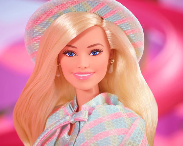 Barbie The Movie Doll, Margot Robbie as, Collectible Doll Wearing Blue Plaid Matching Set with Matching Hat and Jacket