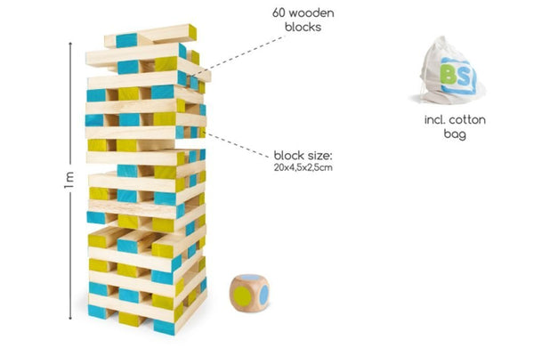 BS Toys Large Tower Wooden Block Stacking Game - Giant Paulownia Wood Blocks, Natural/Blue/Green, 60 Blocks + Color-Coded Die & Cotton Bag, Ages 4+ (GA277)