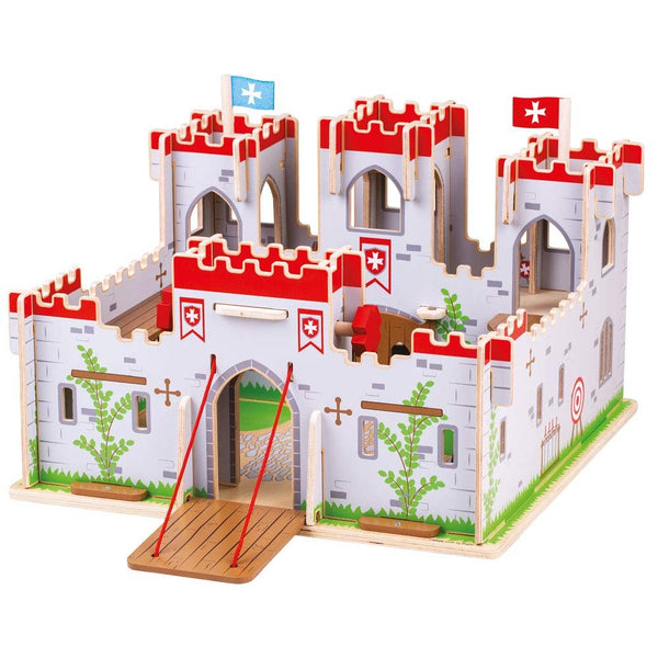 Bigjigs Toys King George’s Castle Wooden Toy – Slot-Together Medieval Castle Playset with Working Drawbridge, Doors & Balconies – Educational Fantasy Role Play Gift for Kids Age 3+