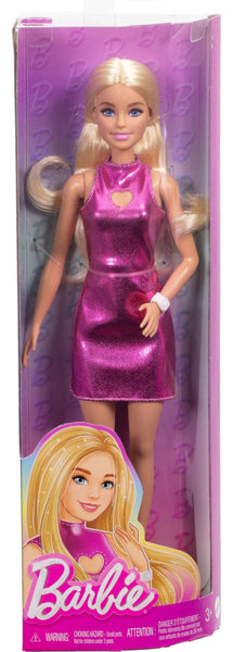 Barbie Fashionistas Doll #230 with Blond Hair, Wearing Metallic Pink Minidress with Heart Cut-Out, White Bracelet and Heels
