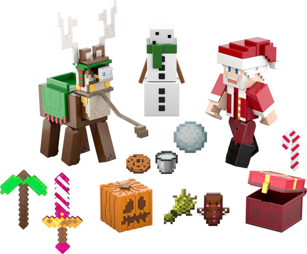 Mattel Minecraft Advent Calendar, 3 3.25-in Scale Action Figures including Santa, 17 Accessories & 4 Stickers, Pixelated Design