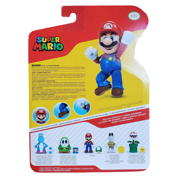 Super Mario 4 Inch Mario Action Figure with 1-Up Mushroom, 11 Points of Articulation, Collectible Nintendo Toy, Ages 3+