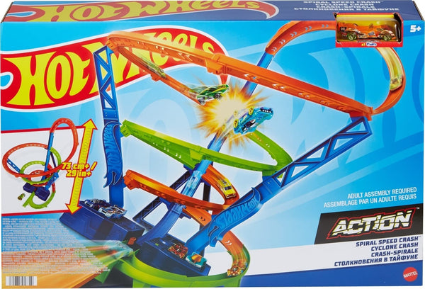 Hot Wheels Action Spiral Speed Crash Track Set, Powered by Motorized Booster 29-in Tall Track with 1:64 Scale Toy Car, Ages 5+