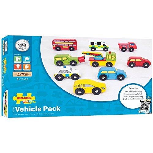 Bigjigs Rail Wooden Vehicle Pack - 9-Piece Wooden Train Accessory Set with Cars, Emergency Vehicles, Bus & Magnetic Tow Truck - Compatible with Bigjigs & Most Wooden Railway Sets, Ages 3+