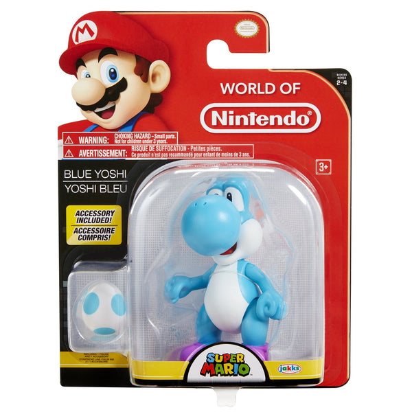 JAKKS Pacific Super Mario 4 Inch Light Blue Yoshi Action Figure with Egg, 11 Points of Articulation, Collectible Nintendo Toy, Ages 3+