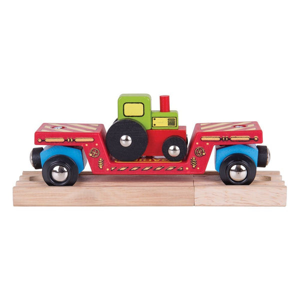 Bigjigs Rail Wooden Tractor Low Loader Train Car - Magnetic Construction Toy, Compatible with Most Major Wooden Railway Brands, Includes Detachable Tractor & Track Piece, Ages 3+