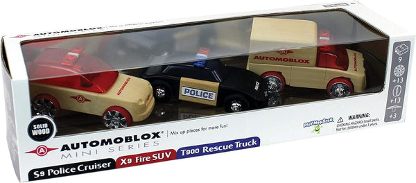 Automoblox Collectible Wood Toy Cars and Trucks - Mini Rescue 3-Pack - Wooden Mix-and-Match Vehicles Build and Rebuild (Compatible with other Mini and Micro Series Vehicles)