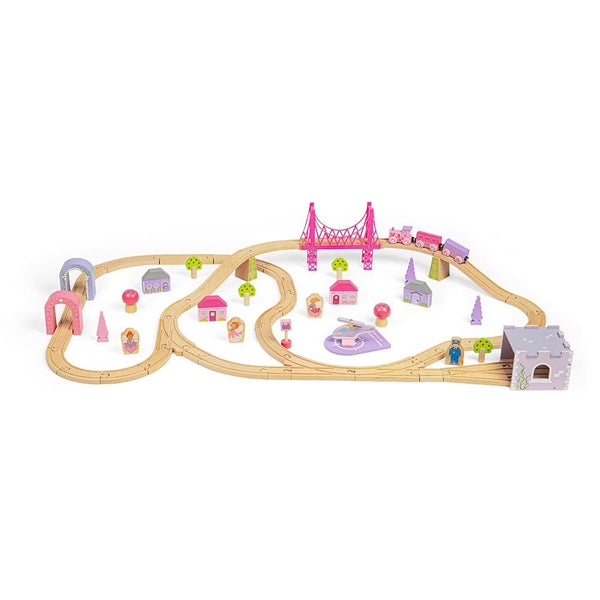 Bigjigs Rail Fairy Town Wooden Train Set – 75-Piece Pastel Wood Railway & Fairytale Village for Kids Age 3+ (Pink Accessories, Houses, Trees & Figures, Educational Gift)