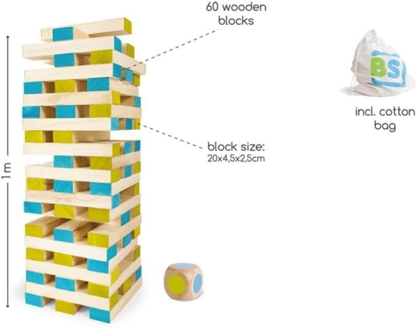 BS Toys Large Tower Wooden Block Stacking Game - Giant Paulownia Wood Blocks, Natural/Blue/Green, 60 Blocks + Color-Coded Die & Cotton Bag, Ages 4+ (GA277)