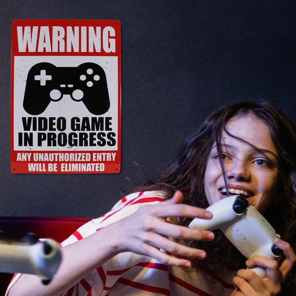 Warning Video Game in Progress - Easy-to-Hang Wall Decor - Fun Tin Signs for Man Cave & Dorm Room - Metal Garage & Man Cave Signs