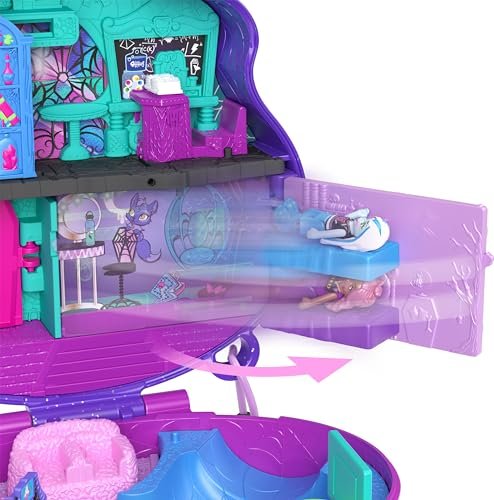 Polly Pocket Monster High Playset with 3 Micro Dolls & 10 Accessories, Opens to High School, Collectible Travel Toy with Storage