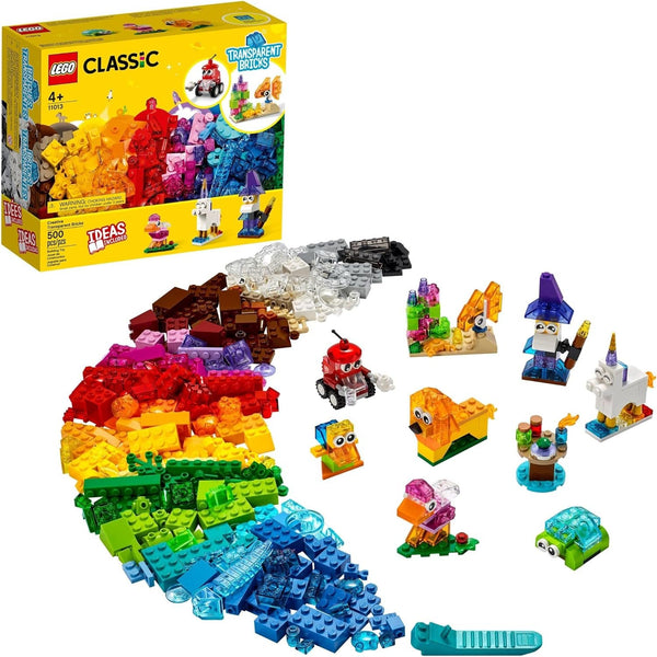 LEGO Classic Creative Transparent Bricks Building Set 11013 for Girls and Boys, STEM Toy and Preschool Hands-On Learning Toy, Includes Wizard, Unicorn, Lion, Bird, and Turtle