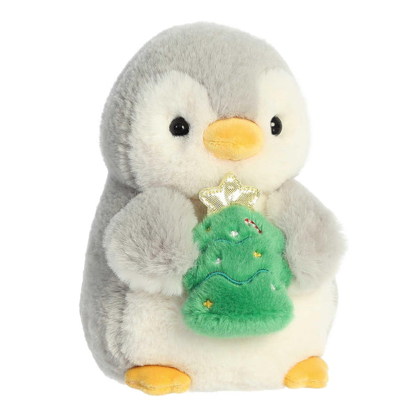 Aurora® Festive Pompom Penguin™ Pompom™ with Christmas Tree Stuffed Animal - Vibrant Companions - Endless Fun - Gray 8 Inches