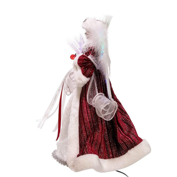 Kurt S. Adler 12″ 7-Light Color-Changing LED Fiber-Optic Angel Tree Topper – Silver & Burgundy Gown, Feather Wings, Pre-Lit Christmas Treetop (AD2003)