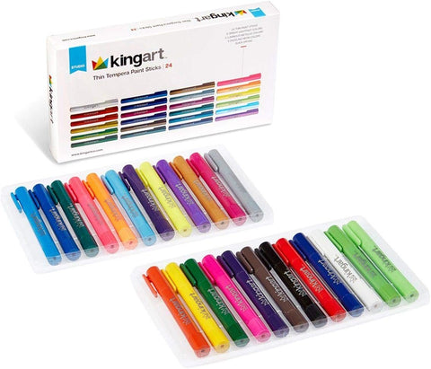KINGART 574-24 TEMPERA PAINT Thin Sticks, Set of 24 Rich Colors, Solid Tempera Paint for Kids, Super Quick Drying, Non-Toxic, Work Great on Paper, Canvas, Wood, Glass and more