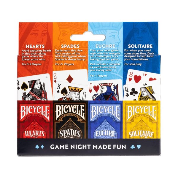 Bicycle 4 Playing Card Games in 1: Euchre, Hearts, Spades, and Solitaire (4 Card Game Pack), 1+ Players