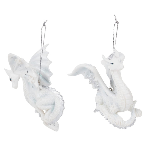 Kurt Adler Silver and White Snowflake Dragon Ornaments Set of 2 New Christmas, 4.5in