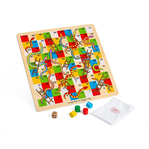 Bigjigs Toys Traditional Snakes and Ladders Wooden Game Set, Quality Family Game for Kids and Adults, 2-4 Players Ages 3+