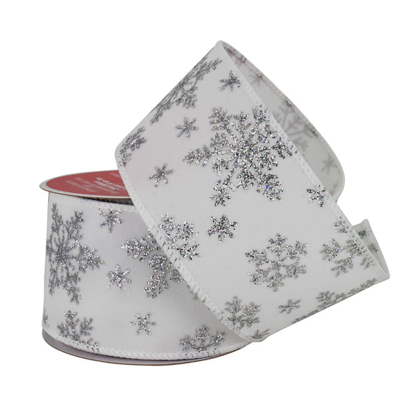 2.5" x 20ft. White Snowflake Wired Velvet Ribbon by Celebrate It® Christmas - Christmas Ribbon for Home Decor and Crafting