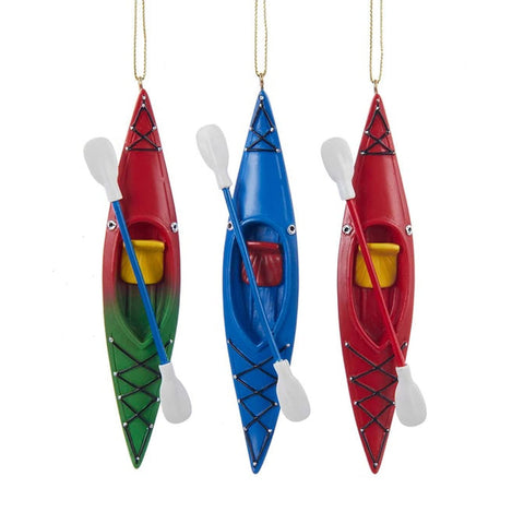 Kurt Adler 5.25 Inch Holiday Decorative Multicolor Resin Kayak with Oar Hanging Accessory Christmas Ornament Set with Gold Strings (3 Pack)