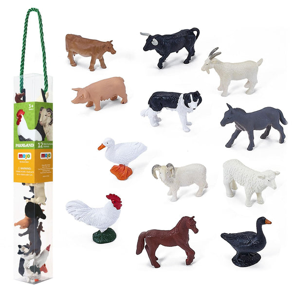 MOJO Mini Farm Animal Playset, 12-Piece Hand-Painted Mini Farmland Animals Figures, Realistic Highly Detailed PVC Figurines, UK Designed, Ages 3+