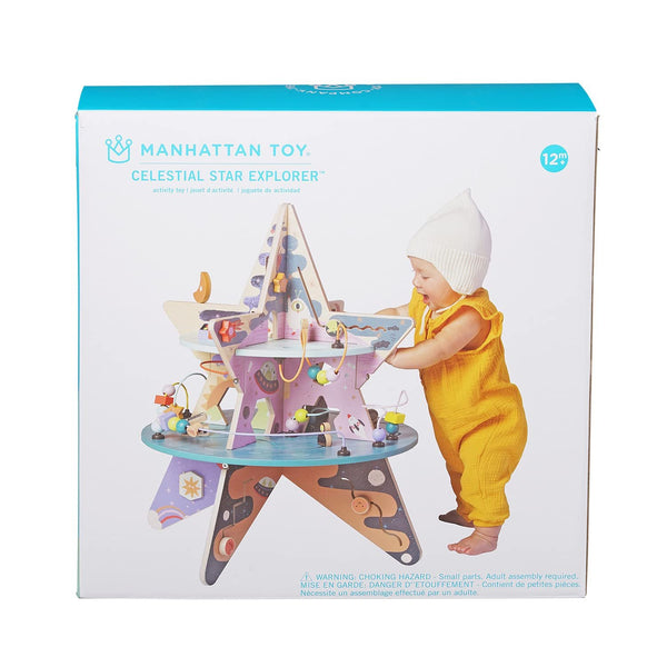 Manhattan Toy Celestial Star Explorer Double-Decker Wooden Activity Center with Shape Gliders, Spinners, Bead Runs and Alluring Artwork