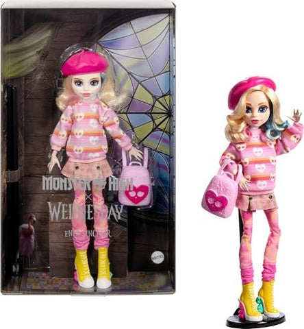 Monster High Wednesday Doll and Accessories, Enid Sinclair Collectible in Pink Fashion with Beret and Backpack, Doll Stand