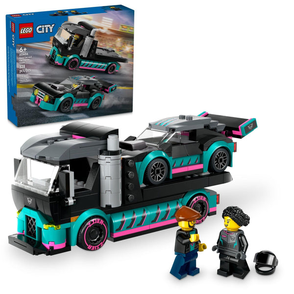 LEGO City Race Car and Car Carrier Truck Toy Playset, Vehicle Transporter with Adjustable Loading Ramp and Race Toy, Racer and Driver Minifigures, Fun Gift for Kids Ages 6 and Up, 60406