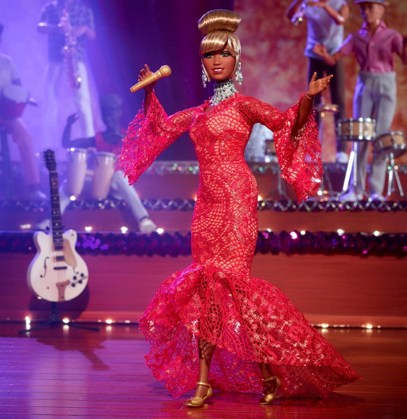 Barbie Inspiring Women Doll, Celia Cruz Queen of Salsa Collectible in Red Lace Dress with Golden Microphone & Doll Stand