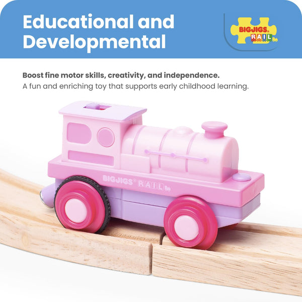 Bigjigs Rail Battery Powered Pink Loco Train | Motorised Engine Accessories for Wooden Railway Track Set | Model Toy Gift for 3+ Year Old Kids | Ideal as an Educational Tool for Children