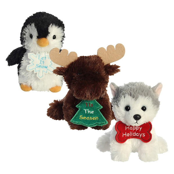 Aurora Christmas Holiday Bits 5" Plushie 3 Pack: Penguin, Moose, and Arctic Pup