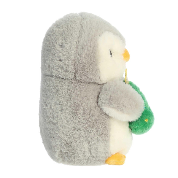 Aurora® Festive Pompom Penguin™ Pompom™ with Christmas Tree Stuffed Animal - Vibrant Companions - Endless Fun - Gray 8 Inches