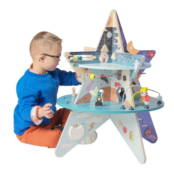 Manhattan Toy Celestial Star Explorer Double-Decker Wooden Activity Center with Shape Gliders, Spinners, Bead Runs and Alluring Artwork