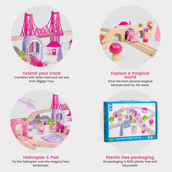 Bigjigs Rail Fairy Town Wooden Train Set – 75-Piece Pastel Wood Railway & Fairytale Village for Kids Age 3+ (Pink Accessories, Houses, Trees & Figures, Educational Gift)