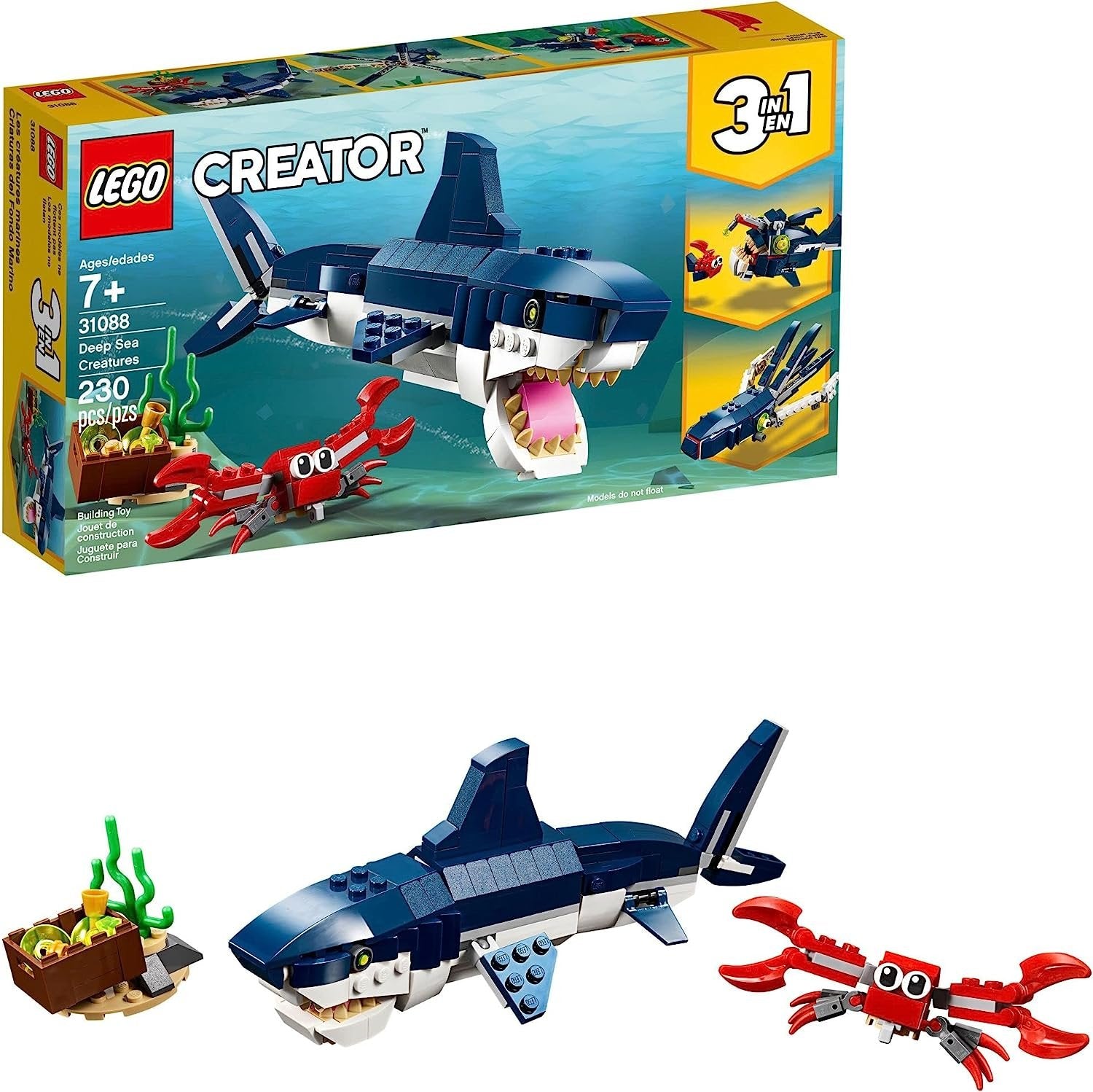 LEGO Creator 3 in 1 Deep Sea Creatures, Transforms from Shark and Crab to Squid to Angler Fish, Sea Animal Toys, Gifts for 7 Plus Year Old Girls and Boys, 31088