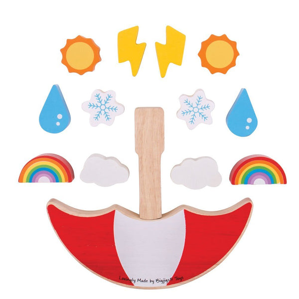 Bigjigs Toys Weather Balancing Game for Toddlers & Kids - Wooden Fine Motor Skills Stack & Balance Game with Rainbow, Sun, Cloud, Snowflake & Lightning Pieces - Ages 2+