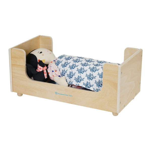 Manhattan Toy Sleep Tight Wooden Play Sleigh Bed with Pillow and Blanket for Dolls and Stuffed Animals
