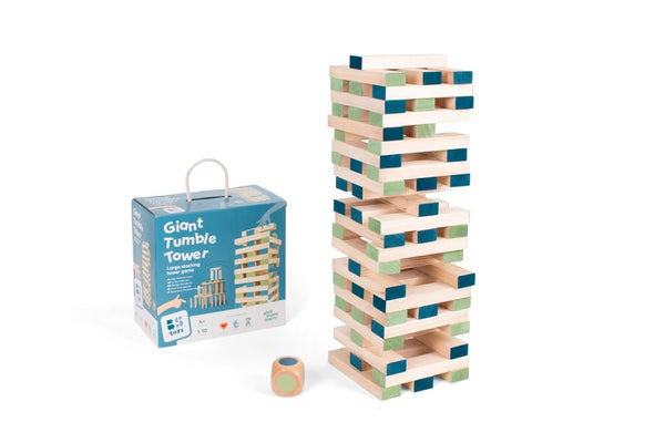 BS Toys Large Tower Wooden Block Stacking Game - Giant Paulownia Wood Blocks, Natural/Blue/Green, 60 Blocks + Color-Coded Die & Cotton Bag, Ages 4+ (GA277)