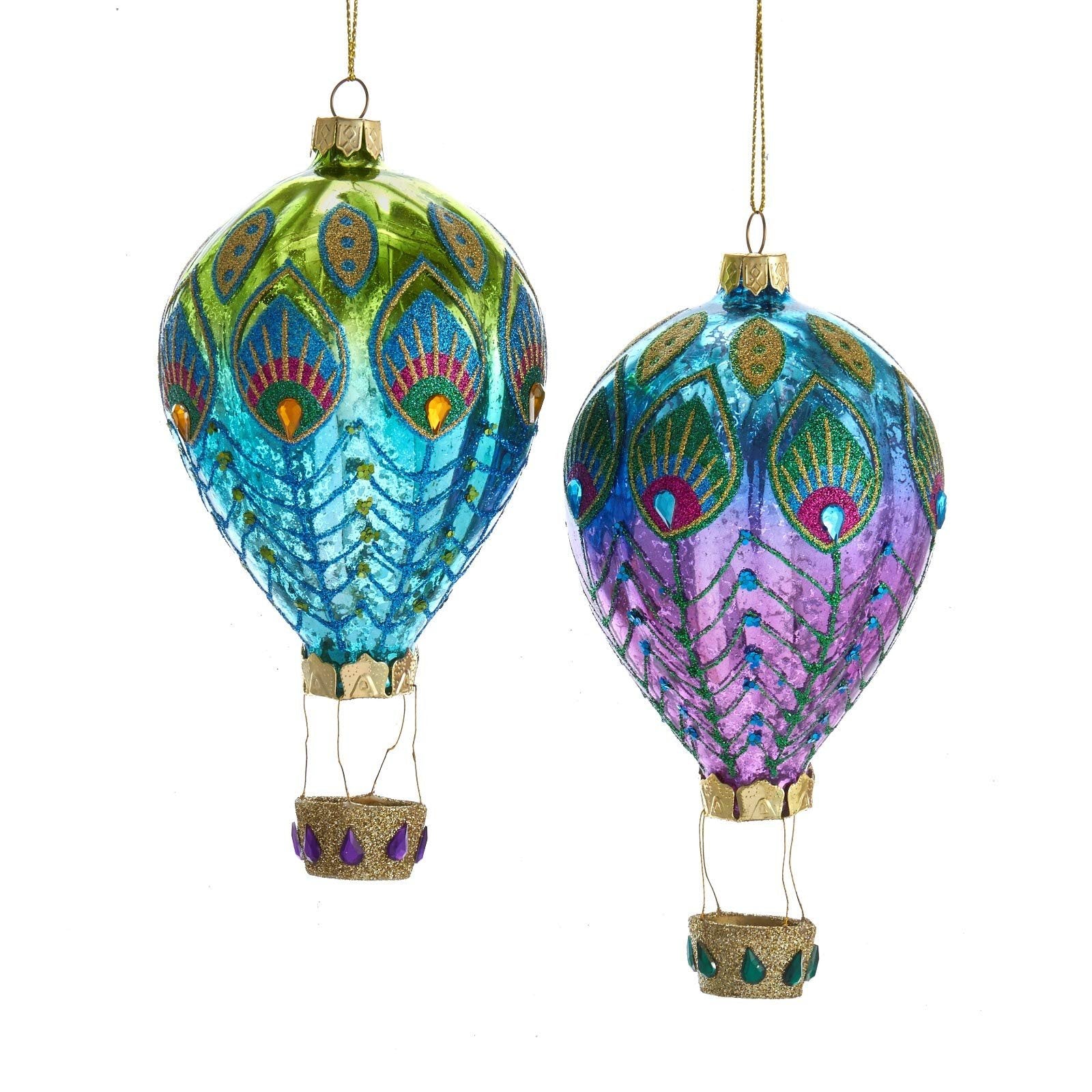 Kurt S. Adler Peacock Themed Purple Blue Teal Green Ornaments (Set of 2 Peacock 6" Hot Air Balloon Christmas Holiday Ornaments Glass J8530)