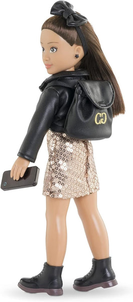 Corolle Girls Party Dressing Room Outfit Set for 11-Inch Fashion Dolls, 7-Piece Doll Clothes and Accessories, Gold Dress, Boots, Backpack, Ages 4+